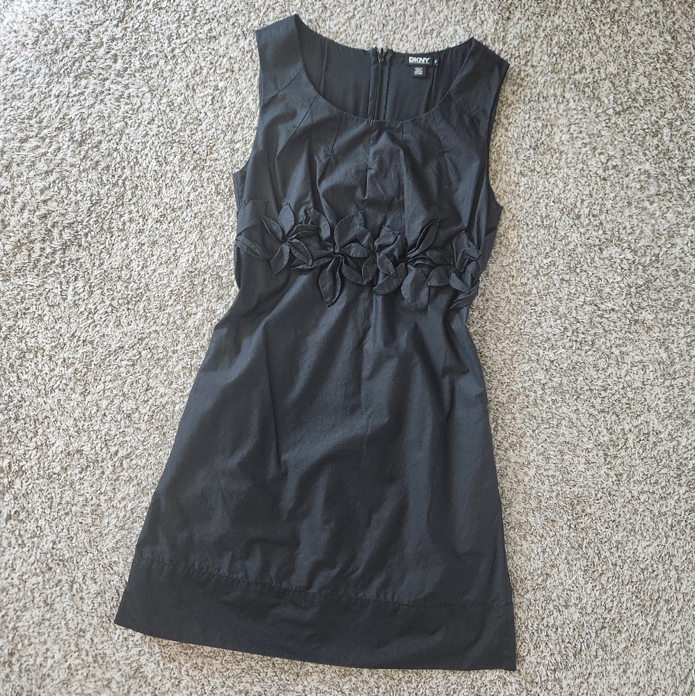 DKNY Black Cotton A-line Floral Dress